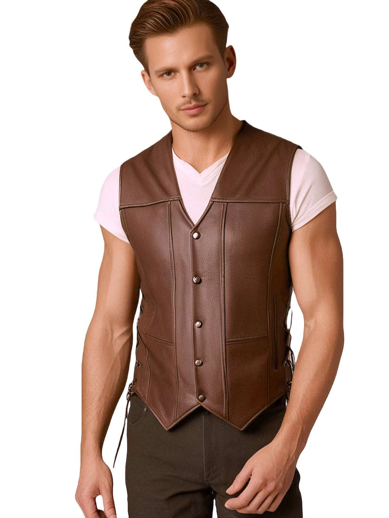 DECKRA Classic Men's Genuine Leather Vest Brown worn by a model, showcasing premium cowhide leather in a stylish design.
