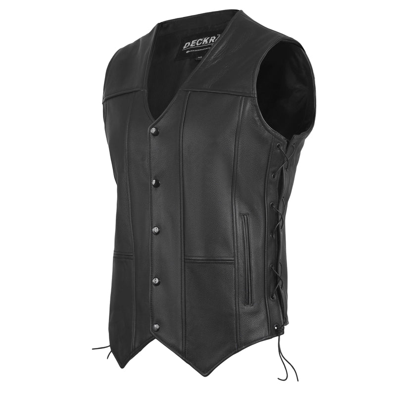 DECKRA Classic Men's Genuine Leather Vest in black, featuring adjustable side laces and YKK zippers for secure closure.