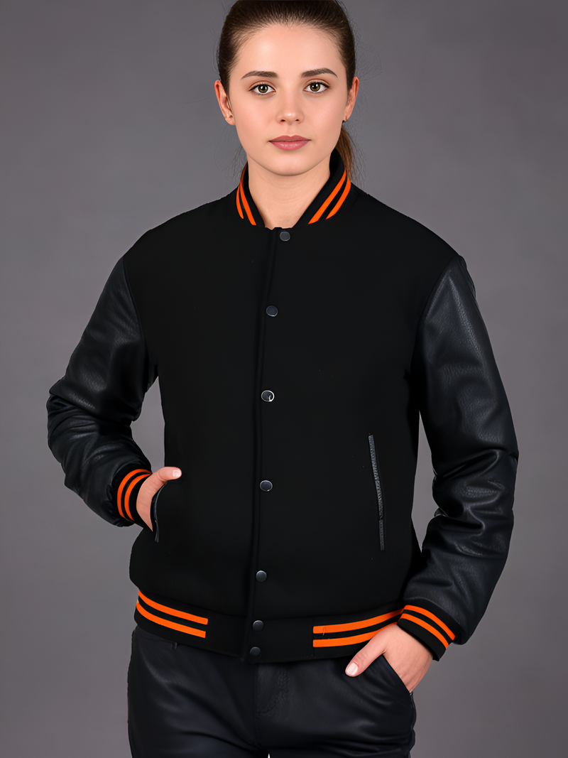 Women Jacket Wool body Genuine Leather Arm Sleeves All Black(Orange Line)
