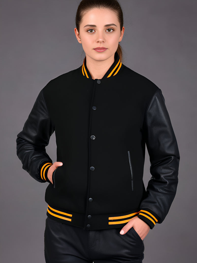 Women Jacket Wool Body Genuine Leather Arm Sleeves Baseball College Letterman Jacket All Black(Yellow Line)