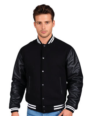 Men’s Varsity Jacket Genuine Leather Sleeve and Wool Body Black