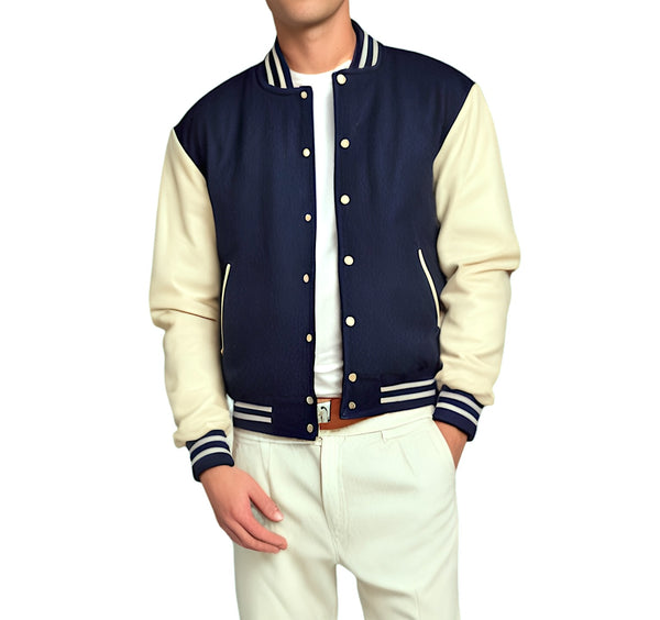 Mens Jacket Wool+Leather Navy Blue/Cream  Deckra Sports