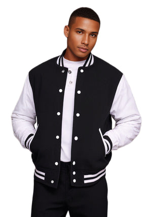 Men’s Varsity Jacket Genuine Leather Sleeve and Wool Body Black/White