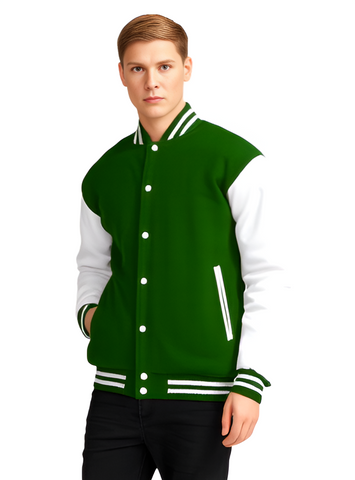 Men’s Varsity Jacket Genuine Leather Sleeve and Wool Body Green/White