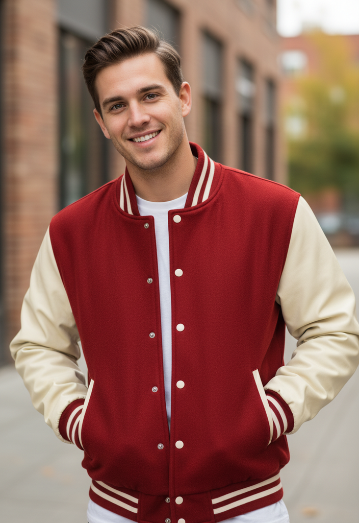 Men's Varsity Jackets Genuine Leather Sleeve And Wool Body Maroon/Cream