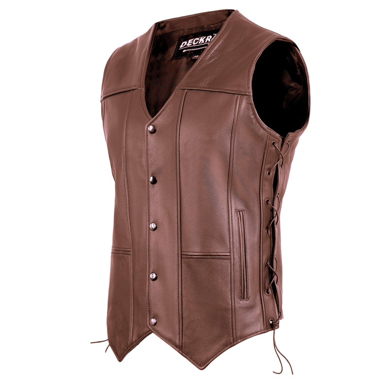 DECKRA Classic Men's Genuine Leather Vest Brown, featuring premium cowhide leather and adjustable side laces for comfort.