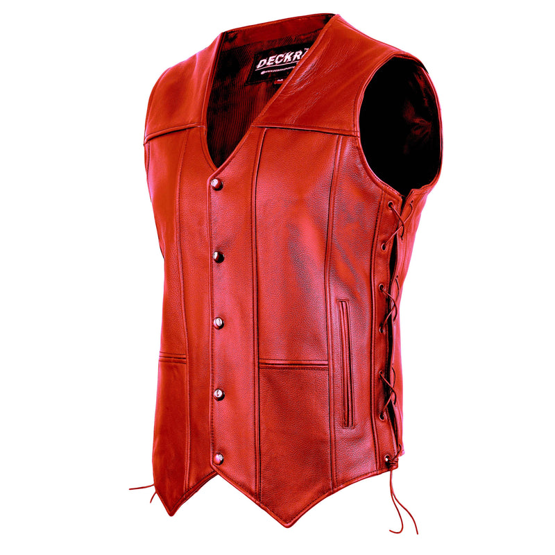 DECKRA Classic Men's Genuine Leather Vest Red - Premium cowhide leather biker vest with adjustable side laces.