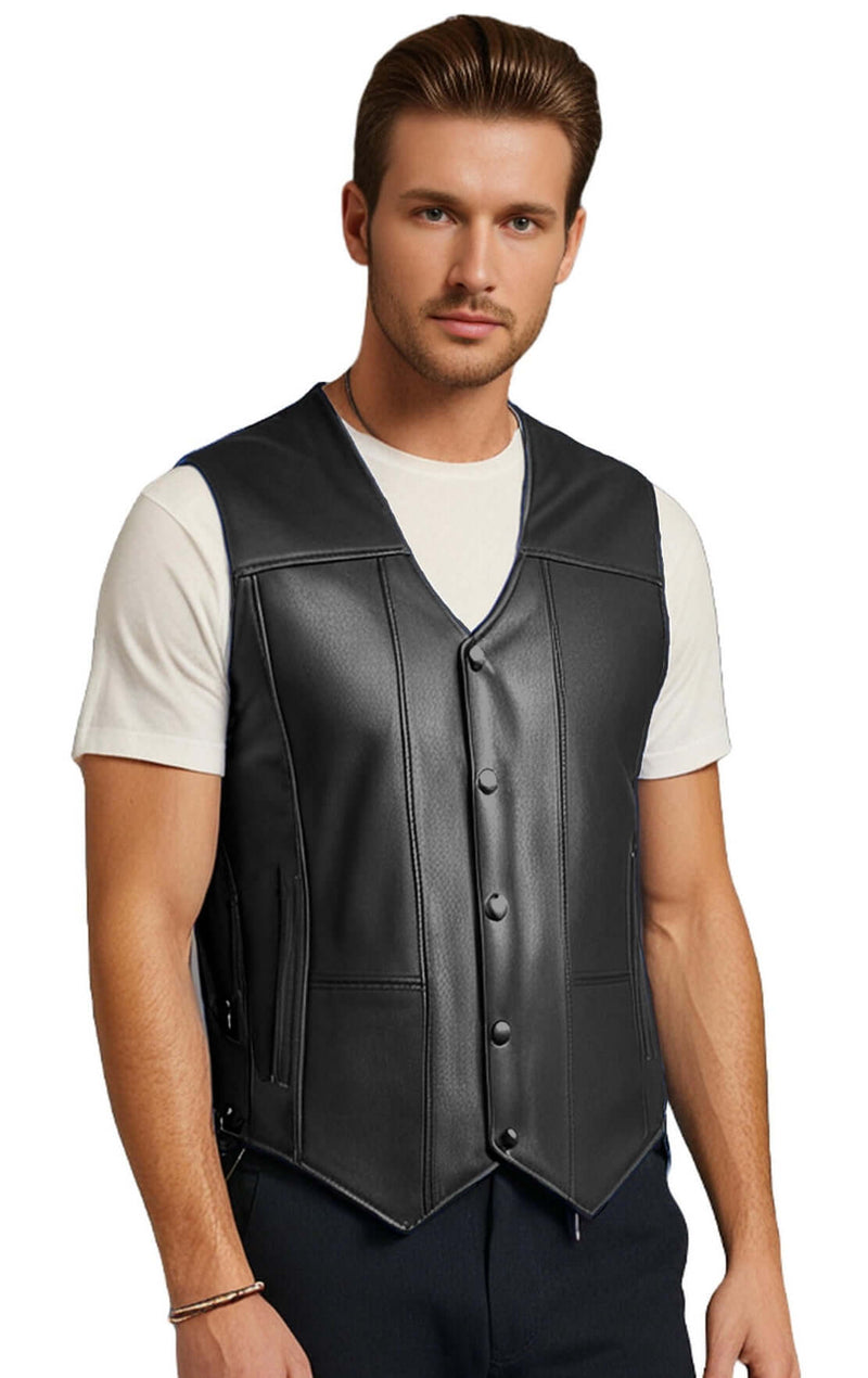 DECKRA Classic Men's Genuine Leather Vest shown on a model, featuring premium cowhide leather and adjustable side laces.
