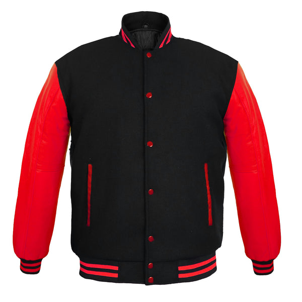 Men's Varsity Jacket Genuine Leather Sleeve and Wool Body Black