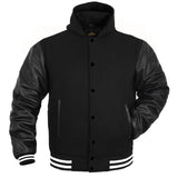 Mens Hoodie Wool+Leather Black Body with Black Genuine Leather Arm Sleeves Letterman College Jacket/Hoodie