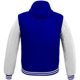 Mens Hoodie Wool+Genuine Leather College Baseball Letterman Varsity Hoodie Navy Blue/White