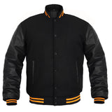Men’s Varsity Jacket Genuine Leather Sleeve and Wool Body All Black(Yellow Line)