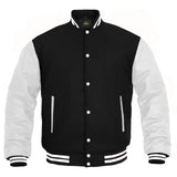 Kids Varsity Jacket Genuine Leather Sleeve and Wool Blend Letterman Boys College/School Varsity Jackets Black/White