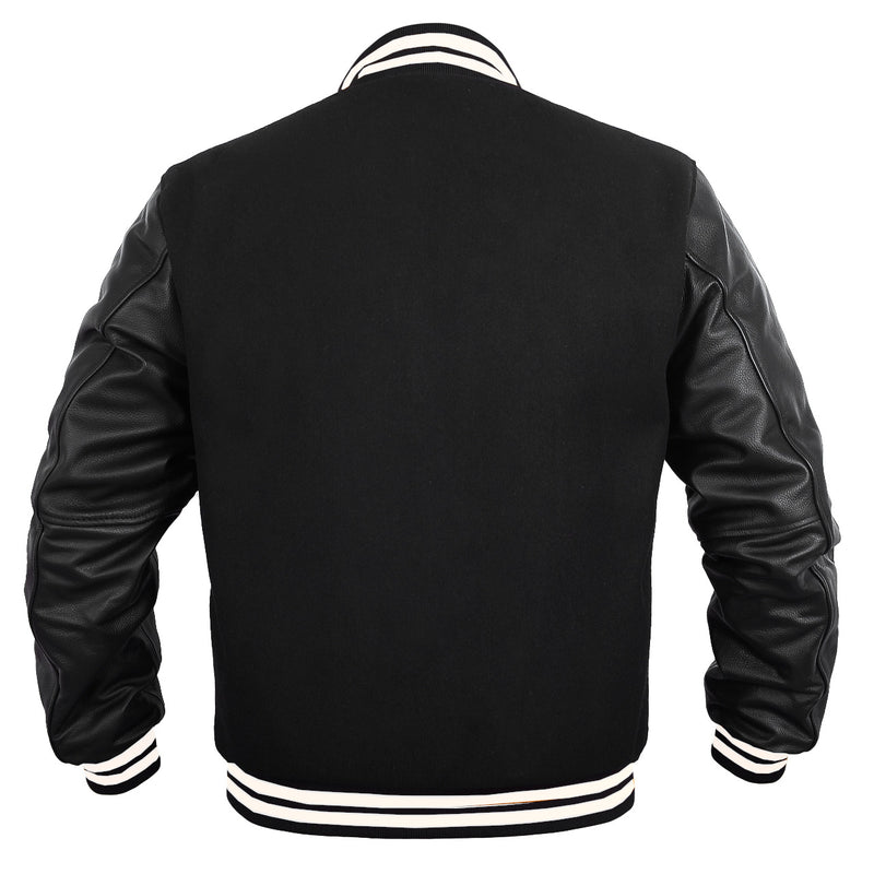 Men’s Varsity Jacket Faux Leather Sleeve and Wool Body All Black (white trim)