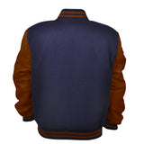Woman Jacket Wool+Leather Navy Blue/Brown