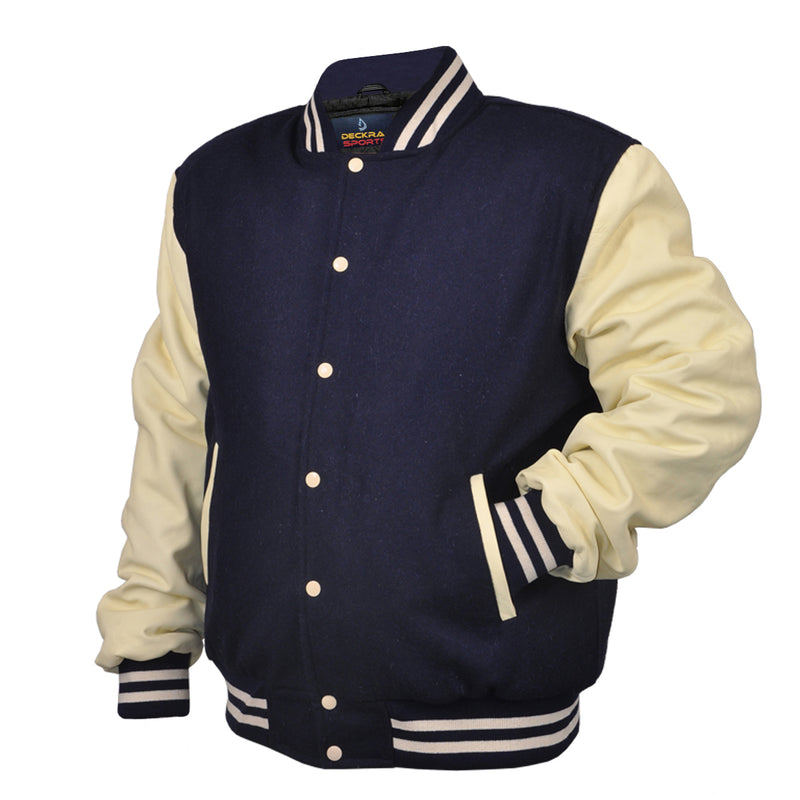 Woman Jacket Wool+Leather Navy Blue/Cream
