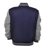 Mens Jacket Wool+Leather Navy Blue/Light Grey