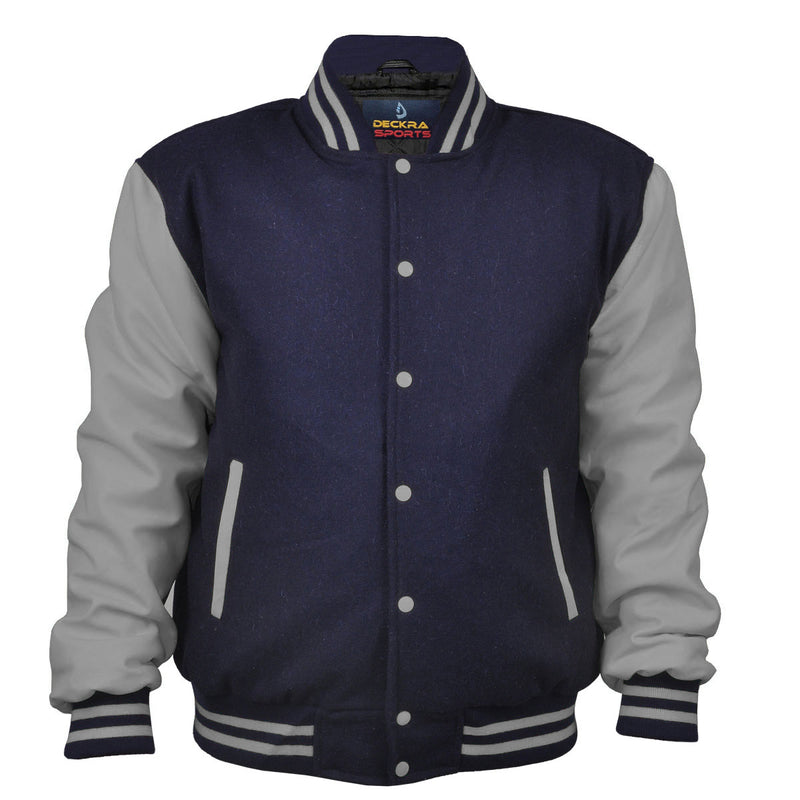 Mens Jacket Wool+Leather Navy Blue/Light Grey