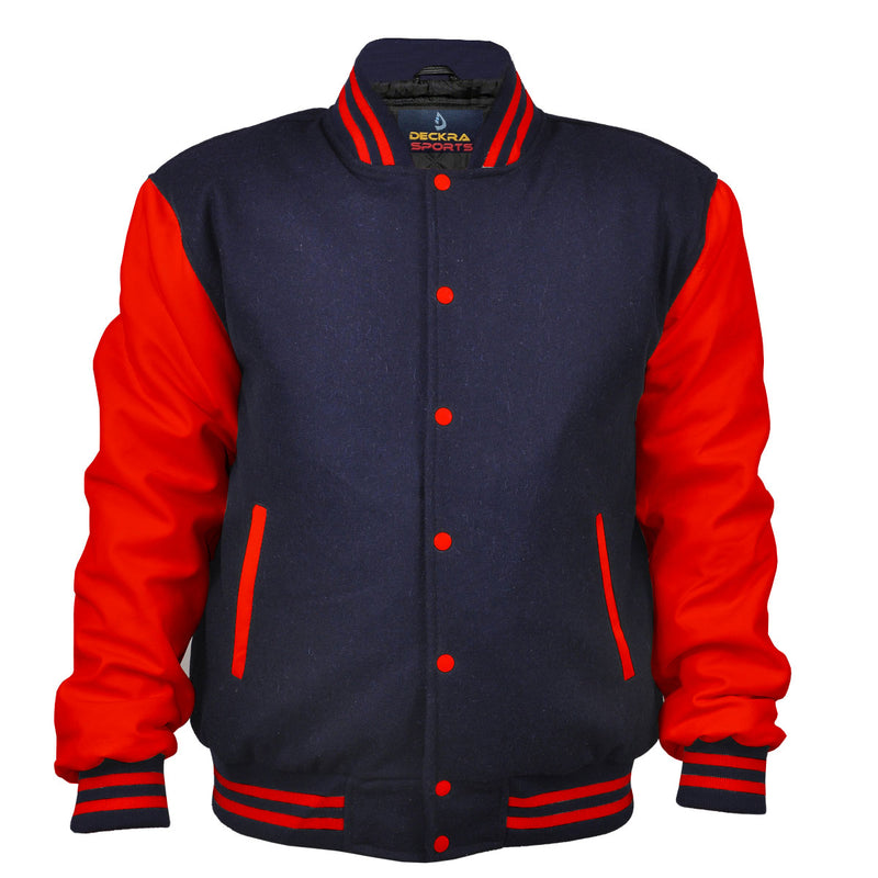 Woman Jacket Wool+Leather Navy Blue/Red