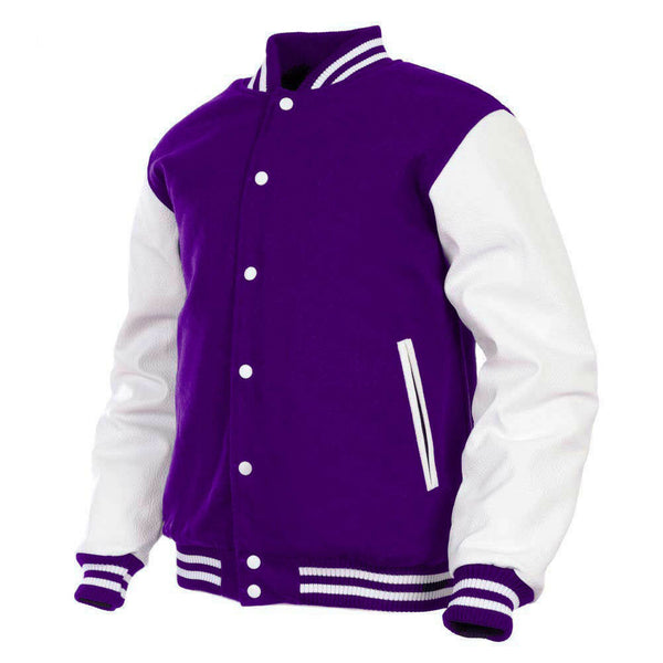 Deckra Sports Men’s Varsity Jacket Faux Leather Sleeve and Wool Body Purple/White 3XL