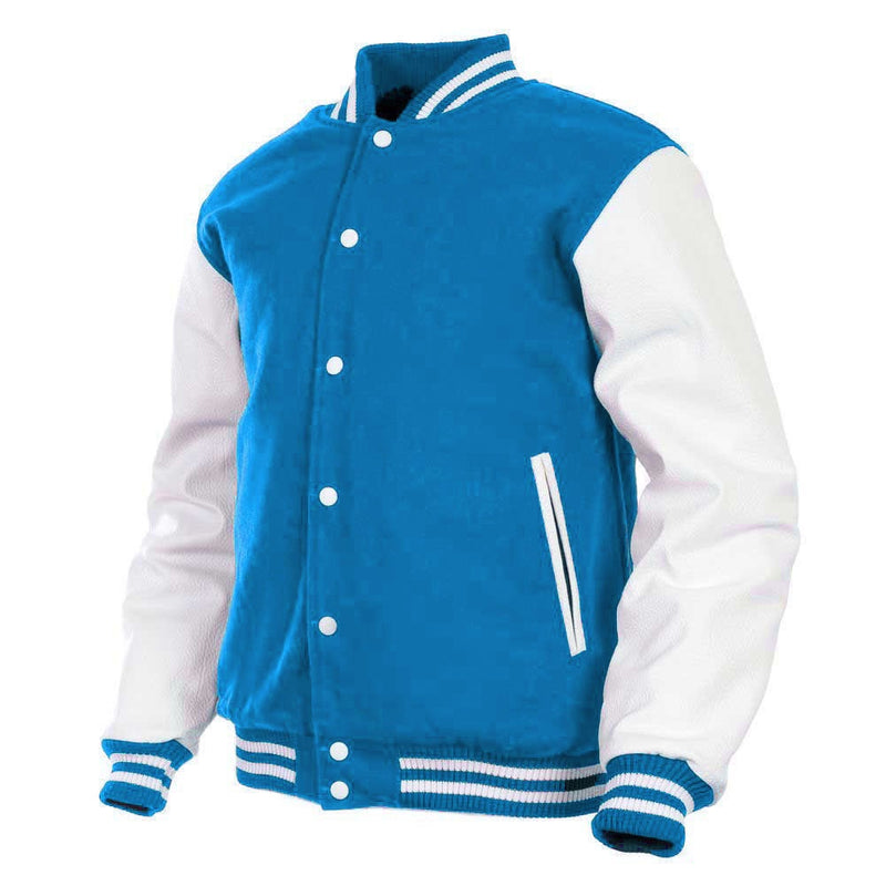 Women Varsity Jacket Wool+Genuine Cowhide Leather Sky Blue/White