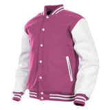 Men’s Varsity Jacket Faux Leather Sleeve and Wool Body Pink/White