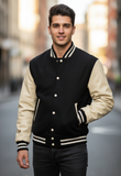 Men's Varsity Jacket Genuine Leather Sleeve and Wool Blend Letterman Boys College Varsity Jackets Black/Cream