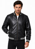 Men's Genuine Cowhide Leather Varsity Jacket – Premium Baseball Bomber Jacket (Black+White trim)