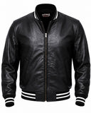 Men's Genuine Cowhide Leather Varsity Jacket – Premium Baseball Bomber Jacket (Black+White trim)