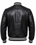 Men's Genuine Cowhide Leather Varsity Jacket – Premium Baseball Bomber Jacket (Black+White trim)
