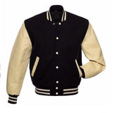 Men's Varsity Jacket Genuine Leather Sleeve and Wool Blend Letterman Boys College Varsity Jackets Black/Cream