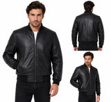 Men's Genuine Cowhide Leather Varsity Jacket – Premium Baseball Bomber Jacket with Rib Knit Collar, Cuffs & Waistband, 2 Side Pockets & Inner Pocket (Black)