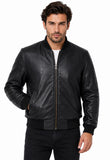 Men's Genuine Cowhide Leather Varsity Jacket – Premium Baseball Bomber Jacket with Rib Knit Collar, Cuffs & Waistband, 2 Side Pockets & Inner Pocket (Black)