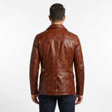 Deckra Men's Cognac Brown Leather Safari Blazer | Genuine Leather Field Jacket