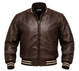 Men's Genuine Cowhide Leather Varsity Jacket – Premium Baseball Bomber Jacket (Dark Brown)