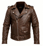Mens Leather Jacket Genuine Cowhide Motorcycle Jacket Brown