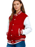 Women Varsity Jacket Wool+Genuine Cowhide Leather Red/White
