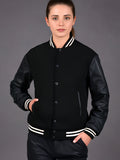 Women Varsity Jacket Wool Body + Genuine Leather Arm Sleeves Baseball College Letterman All Black (White line)