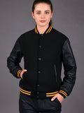 Women Jacket Wool Body Genuine Leather Arm Sleeves Baseball College Letterman Jacket All Black(Yellow Line)