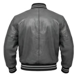 Men's Genuine Cowhide Leather Varsity Jacket – Premium Baseball Bomber Jacket (Grey)