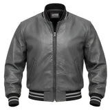 Men's Genuine Cowhide Leather Varsity Jacket – Premium Baseball Bomber Jacket (Grey)