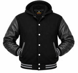 Mens Hoodie Wool Body Genuine Leather Arm Sleeves Varsity Style Hoodie Black Grey Line