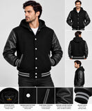 Mens Hoodie Wool Body Genuine Leather Arm Sleeves Varsity Style Hoodie Black Grey Line