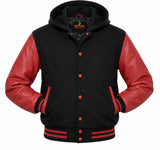 Mens Varsity Style Hoodie Wool Body Genuine Leather Black/Red