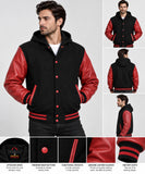Mens Varsity Style Hoodie Wool Body Genuine Leather Black/Red