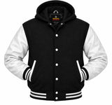 Mens Hoodie Wool body Genuine Cowhide Leather Arm Sleeves College Letterman Varsity Hoodie Black/White