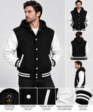 Mens Hoodie Wool body Genuine Cowhide Leather Arm Sleeves College Letterman Varsity Hoodie Black/White