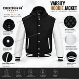 Mens Hoodie Wool body Genuine Cowhide Leather Arm Sleeves College Letterman Varsity Hoodie Black/White