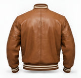 Men's Genuine Cowhide Leather Varsity Jacket – Premium Baseball Bomber Jacket (Light Brown)