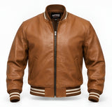 Men's Genuine Cowhide Leather Varsity Jacket – Premium Baseball Bomber Jacket (Light Brown)